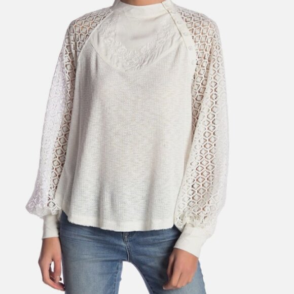 Free People Women's Sweetest Thing Lace Sleeve Thermal Top Ivory Size Medium - Picture 1 of 13